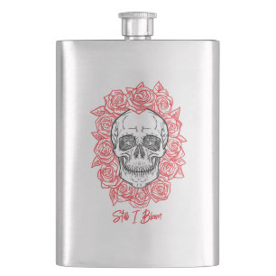 Memento Mori! Schädel und Rose, handgezeichnet Flachmann