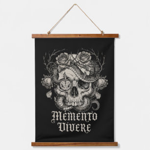 Memento Vivere Gothicischer Totenkopf mit Schlange Wandteppich Mit Holzrahmen