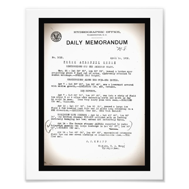 Memo vom Hydrografischen Amt Titanic Desaster Fotodruck (Vorne)