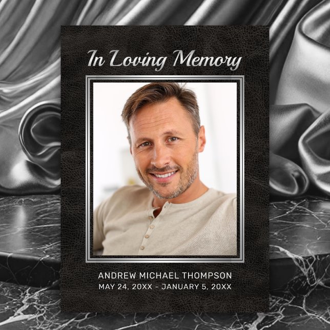 Memorial Black Leather mit Silver Foto Beileid Dankeskarte (In Loving Memory Faux Black Leather Photo Funeral Thank You Card.)