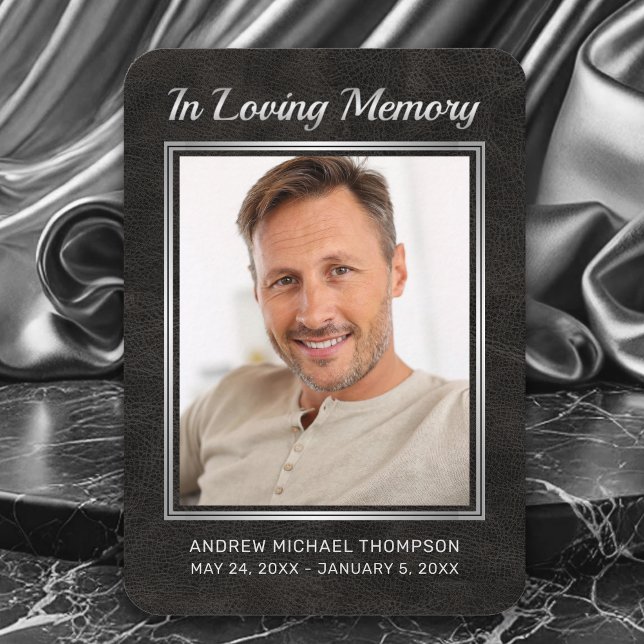 Memorial Black Leather Silver Foto Beerdigungskart Visitenkarte (In Loving Memory Faux Black Leather with silver Photo Funeral Card with Poem)