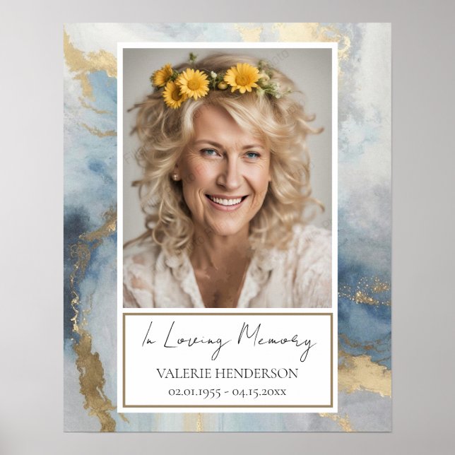 Memorial Blue and Gold Photo Funeral Welcome Poste Poster (Vorne)