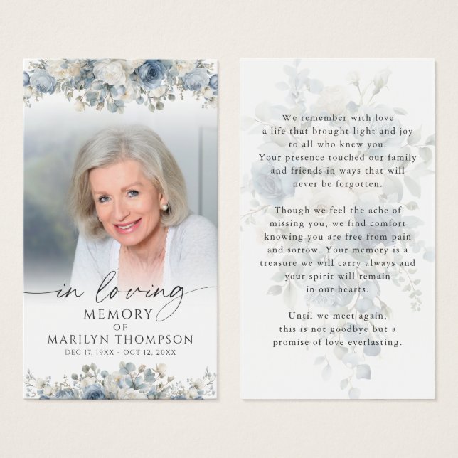 Memorial Blue Floral Photo Funeral Prayer Card (Devant & derrière)