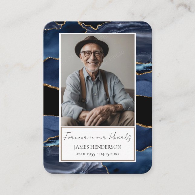 Memorial Blue Gold Stone Foto Beerdigung Keepake Visitenkarte (Vorderseite)