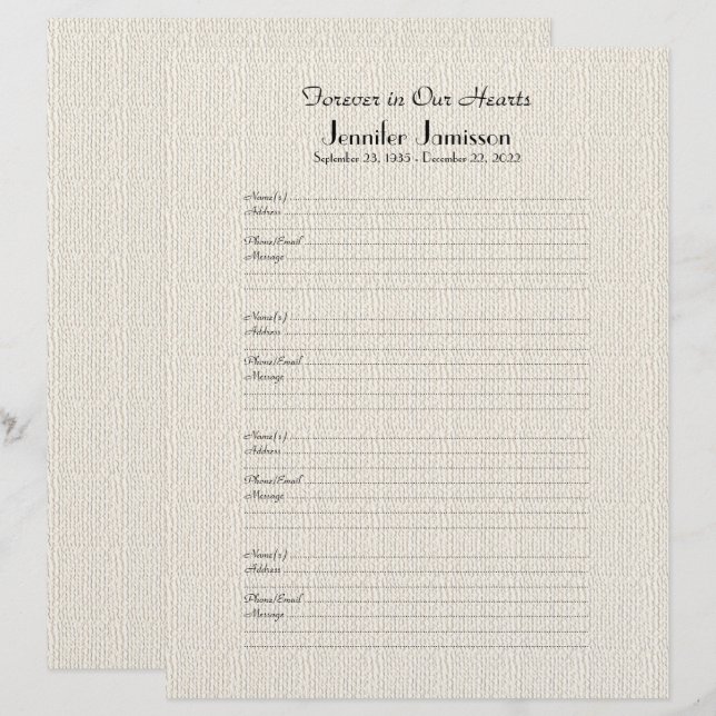 Memorial Book Filler Anmeldung Page Imitate Burlap (Vorne/Hinten)