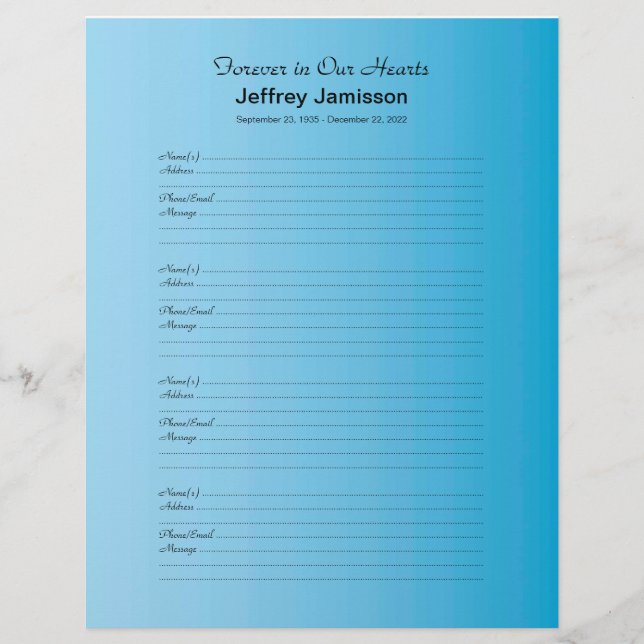 Memorial Book Filler Anmeldung Seite Blue Gradient (Vorderseite)