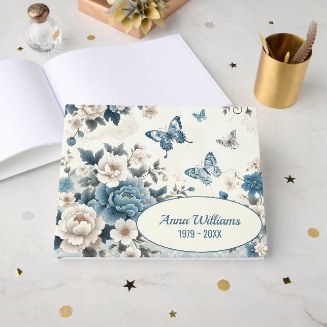Memorial Chinoiserie Flowers and Butterflies Gästebuch (Vorderseite Offen)