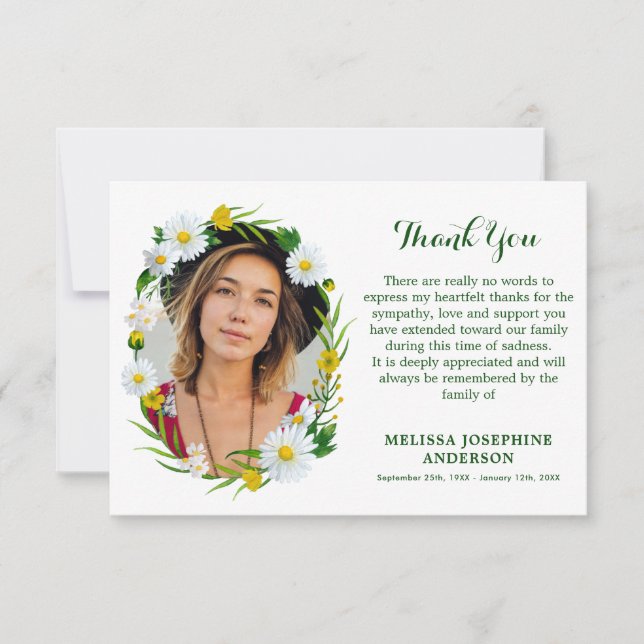 Memorial Daisy Floral Foto Beileid Beerdigung Dankeskarte (Vorderseite)