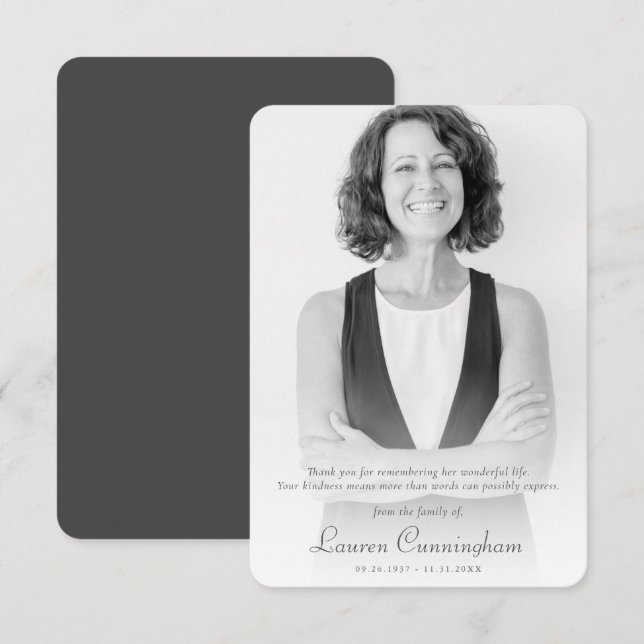 Memorial Elegante Chic Modern Simple Custom Foto Dankeskarte (Vorne/Hinten)