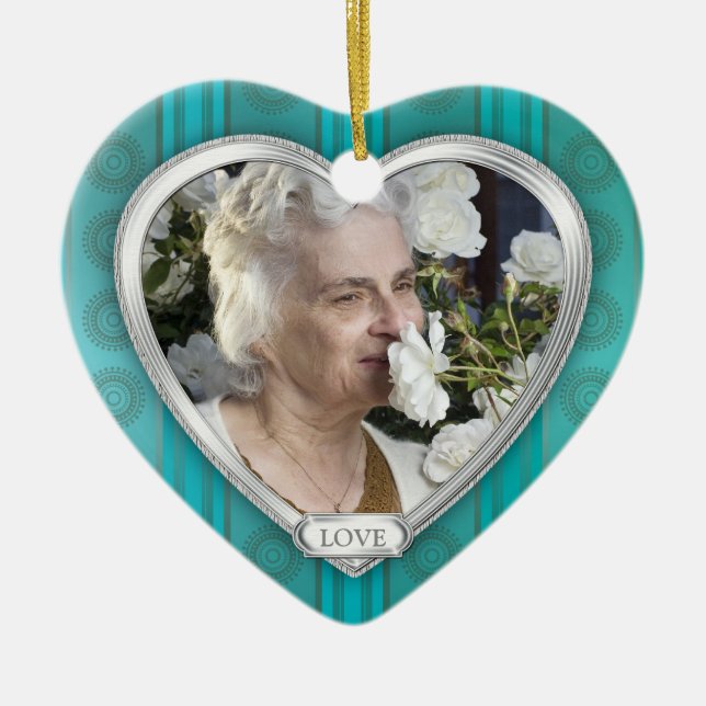 Memorial Foto Aqua Blue Silver Herz Weihnachten Keramikornament (Vorne)