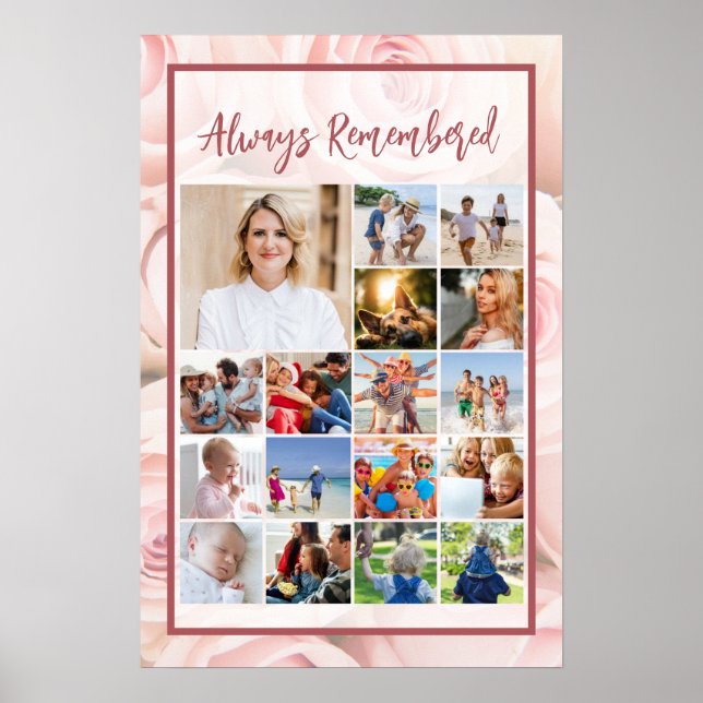 Memorial Foto Collage Soft Pink Roses Poster (Vorne)