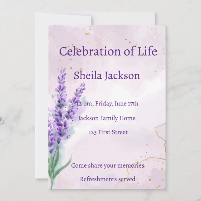 Memorial Foto Custom Lavender Garten Blume Einladung (Vorderseite)