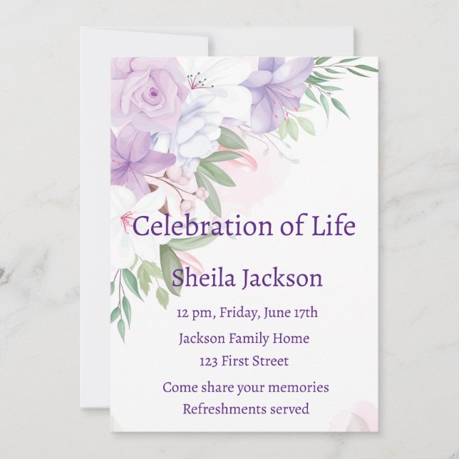 Memorial Foto Custom Lila White Roses Blume Einladung (Vorderseite)