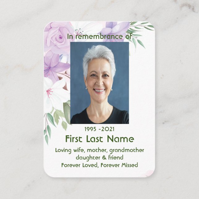 Memorial Foto Custom Lila White Roses Blume Visitenkarte (Rückseite)