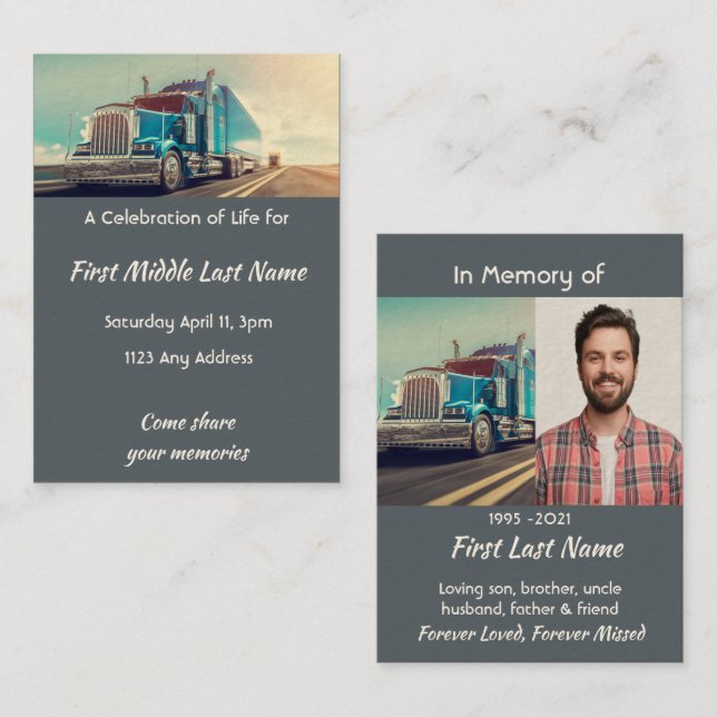 Memorial Foto Keepake Semi Truck Trailer Visitenkarte (Vorne/Hinten)