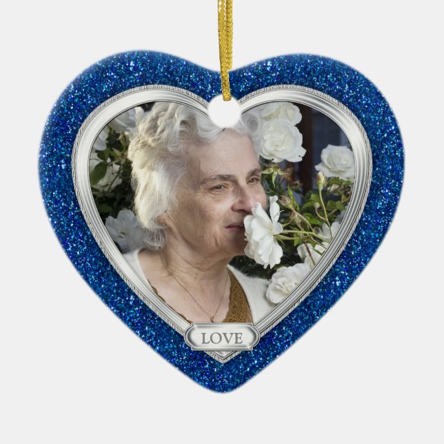 Memorial Foto Royal Blue Silver Herz Weihnachten Keramik Ornament (Vorne)