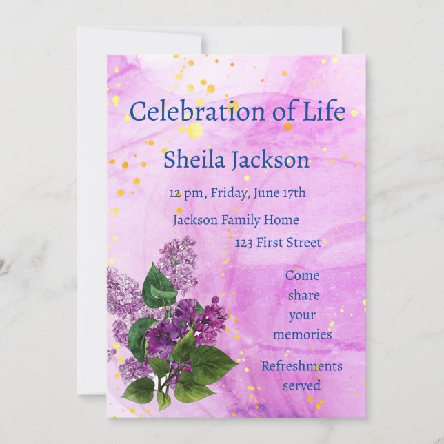 Memorial Foto Watercolor Lilac Garden Blume Einladung (Vorderseite)