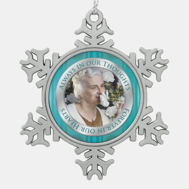Memorial Foto Weihnachten Aquamarin Silver Schneeflocken Zinn-Ornament (Vorderseite)