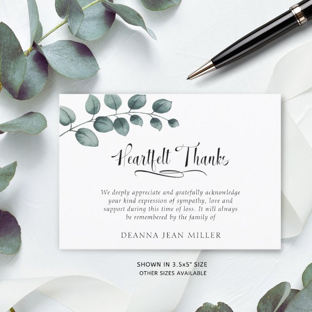 Memorial Heartfelt Dank Watercolor Green Blätter Dankeskarte (Von Creator hochgeladen)