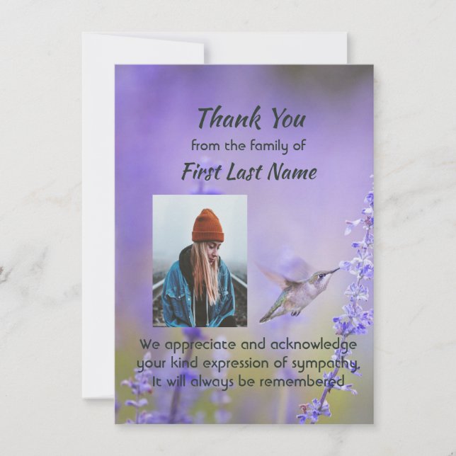 Memorial Hummingbird Lavender Vielen Dank Dankeskarte (Vorderseite)