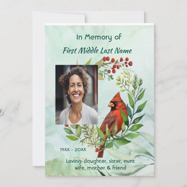 Memorial keepsake Cardinal Bird Einladung (Vorderseite)