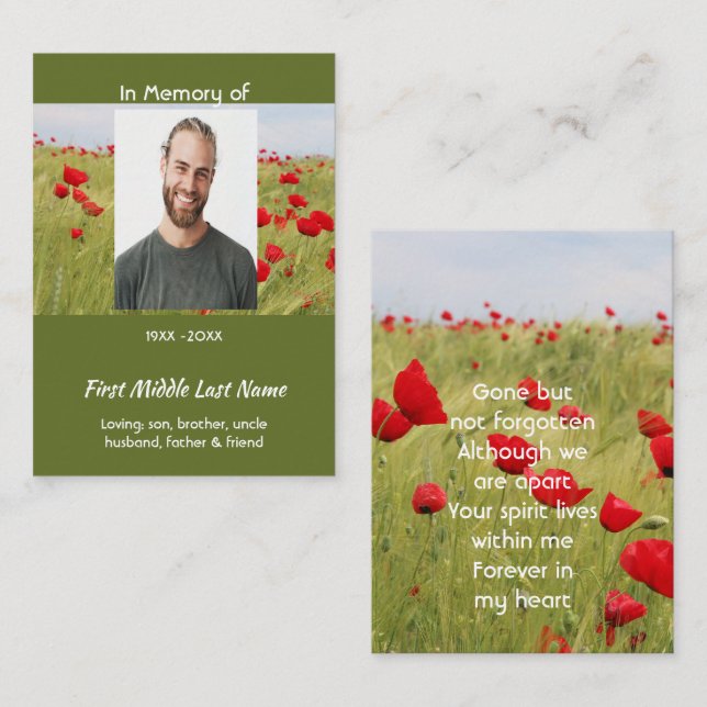 Memorial Keepsake Field of Red Poppy Telefonnummerkarte (Vorne/Hinten)