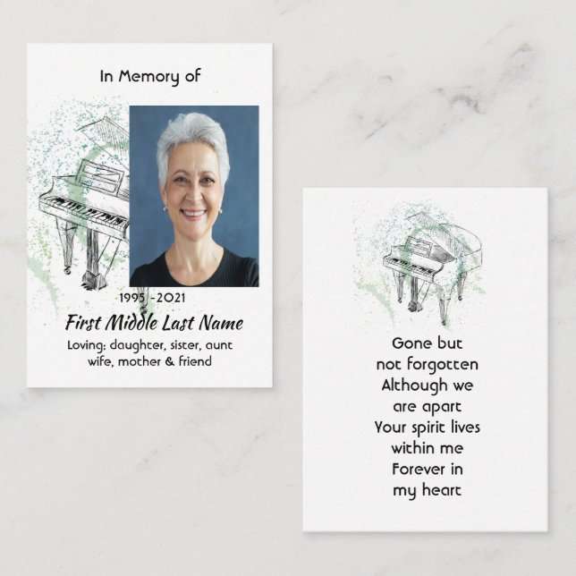 Memorial Keepsake Photo Prayer Piano Musician Visitenkarte (Vorne/Hinten)