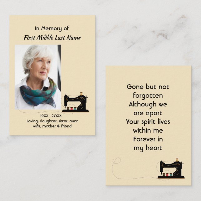 Memorial Keepsake Seamstress  Visitenkarte (Vorne/Hinten)