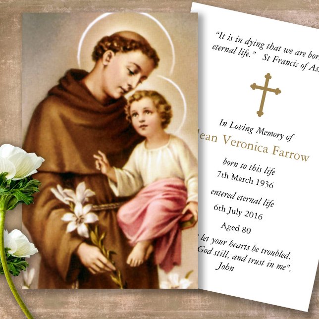 Memorial Loss St Anthony Prayer Cartes de Sympathi (catholic, religious, celebration of life, in loving memory of, prayer cards for bereavement)
