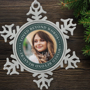 Memorial Loved Beyond Words Elegantes Chic Foto Schneeflocken Zinn-Ornament