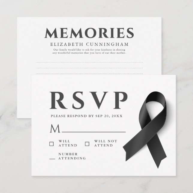 Memorial Modern Simple Erinnerungen Black Ribbon RSVP Karte (Vorne/Hinten)