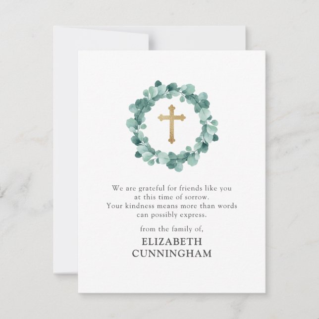 Memorial Modern Watercolor Wreath Gold Cross Dankeskarte (Vorderseite)