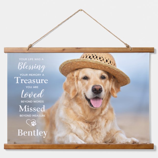 Memorial Modernes Personalisiertes Dog-Foto Wandteppich Mit Holzrahmen (Vorne)