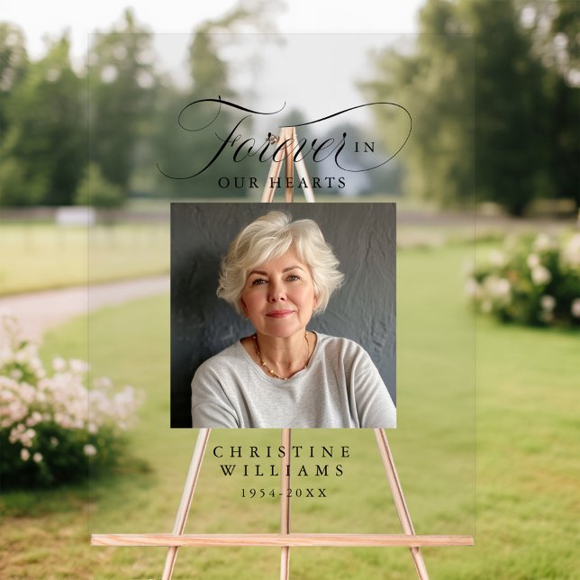 Mémorial, nom, photo "Forever in our Hearts" ("Forever in our Hearts" Memorial, Name, Photo Acrylic Sign, Scripted, Elegant, Font.)