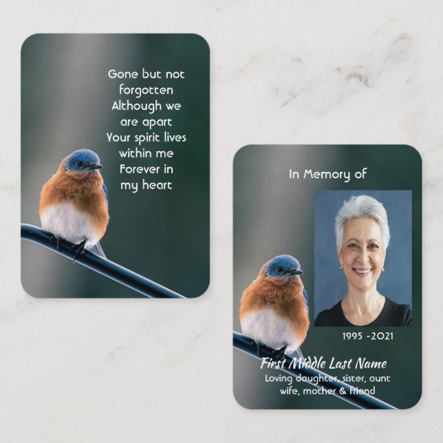 Memorial Photo Prayer Bluebird Garden Bird  Visitenkarte (Vorne/Hinten)