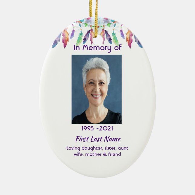 Memorial Photo Prayer Feathers Boho Tribal Native Keramik Ornament (Hinten)