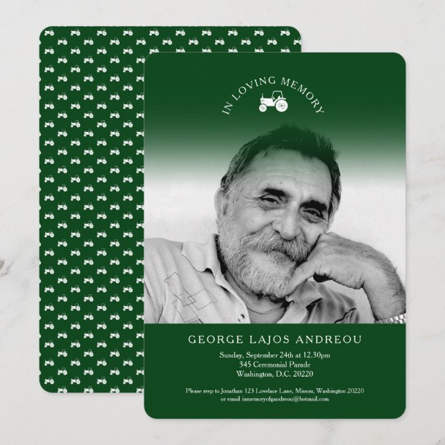 Mémorial photo tracteur vert invitations funéraire (Devant / Derrière)