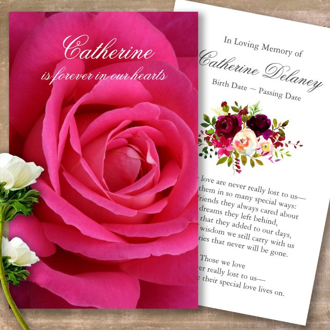 Memorial Pink Rose Beerdigung Gebet Sympathiekarte Visitenkarte (Forever in our hearts, celebration of life, in loving memory of, prayer cards for bereavement)