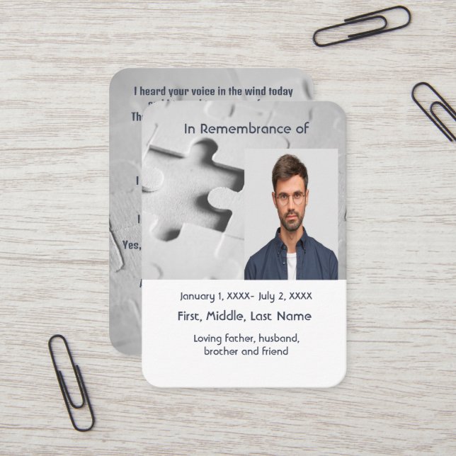 Memorial Pocket Card Jigsaw Puzzle Visitenkarte (Vorderseite/Rückseite Beispiel)