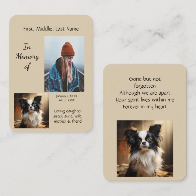 Memorial Pocket Keepake Papillon Dog Visitenkarte (Vorne/Hinten)