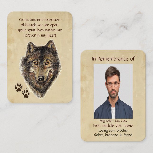 Memorial Pocket Keepake Wolf Wolves Tier Visitenkarte (Vorne/Hinten)
