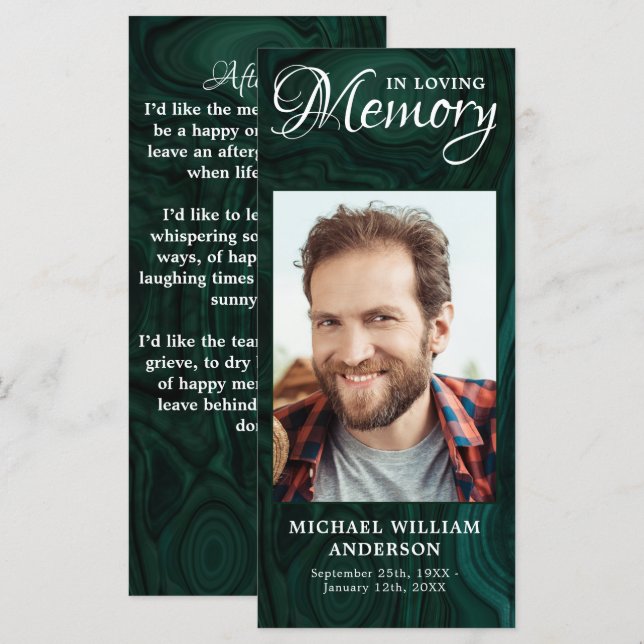 Memorial Prayer Card Smarald Green Beerdigung Foto Menükarte (Vorne/Hinten)