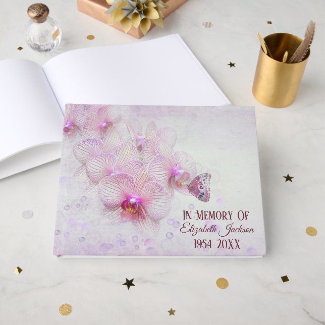 Memorial Service Butterfly On Pink Orchids Gästebuch (Vorderseite Offen)