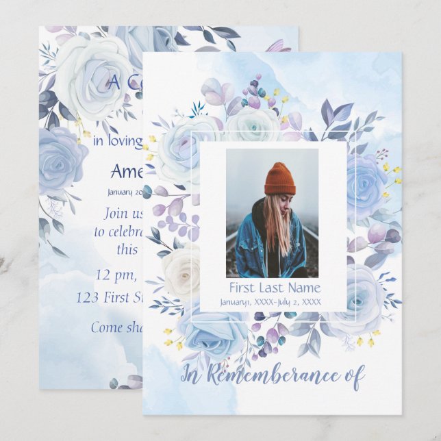 Memorial Service laden Hummingbird Blue Rose ein Einladung (Vorne/Hinten)
