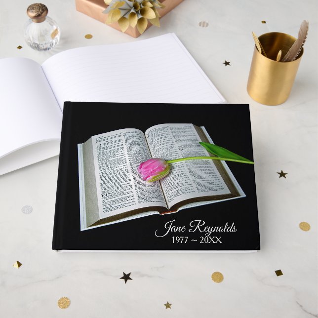Memorial Service Pink Tulip on Holy Bible Gästebuch (Vorderseite Offen)