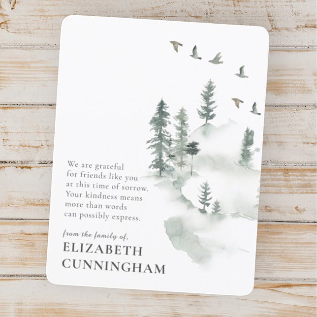 Memorial Simple Watercolor Greenery Pine Forest Dankeskarte (Von Creator hochgeladen)