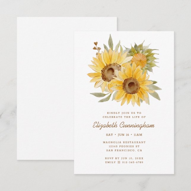 Memorial Wasserfarbe Sonnenblumen Foliage Botanica Einladung (Vorne/Hinten)