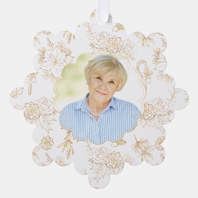 Memorial White Gold Foto Weihnachten Ornament Karte (Vorderseite)