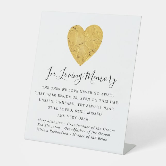 Memorial zur Hochzeitsszenierung von Gold Foil Hea Sockelschild (Vorderseite)