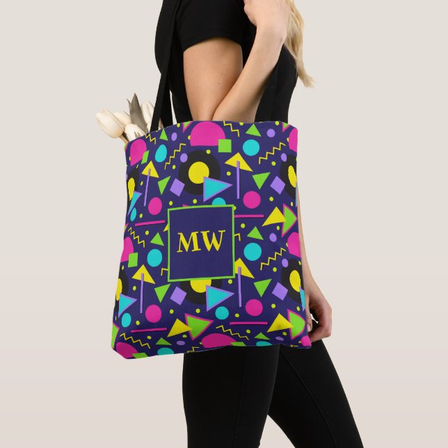 Memphis Blue Geometric Shapes 80er Monogram Tasche (Von Nahem)